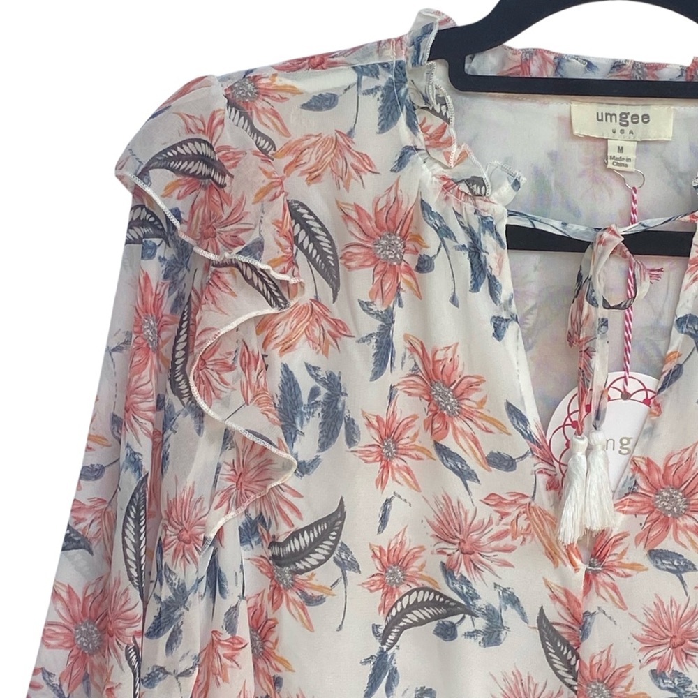 Umgee Lightweight Floral Dress Womens Size Medium NWT White Ruffle Tie Tassels - Picture 8 of 11